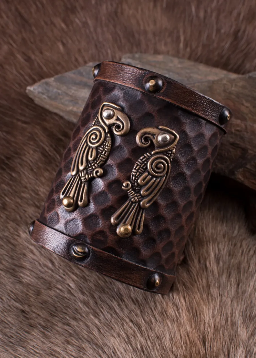 Armschützer aus Leder mit Nordischen Raben Hugin und Munin