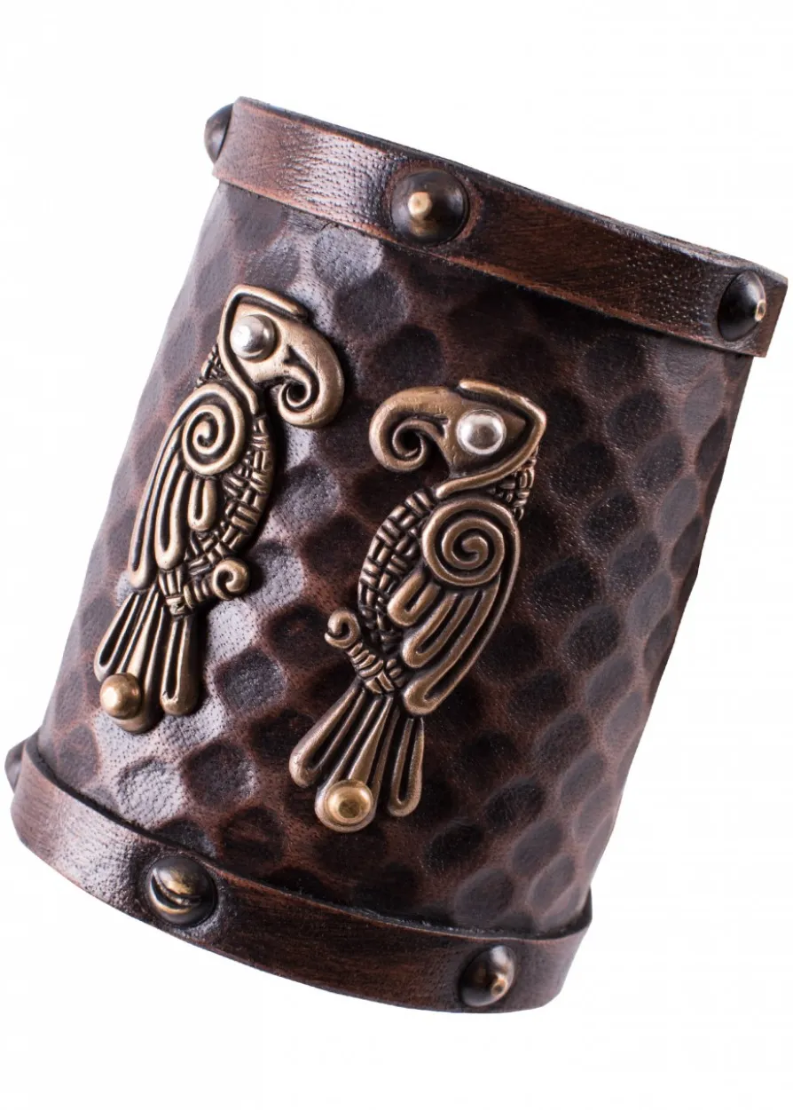 Armschützer aus Leder mit Nordischen Raben Hugin und Munin