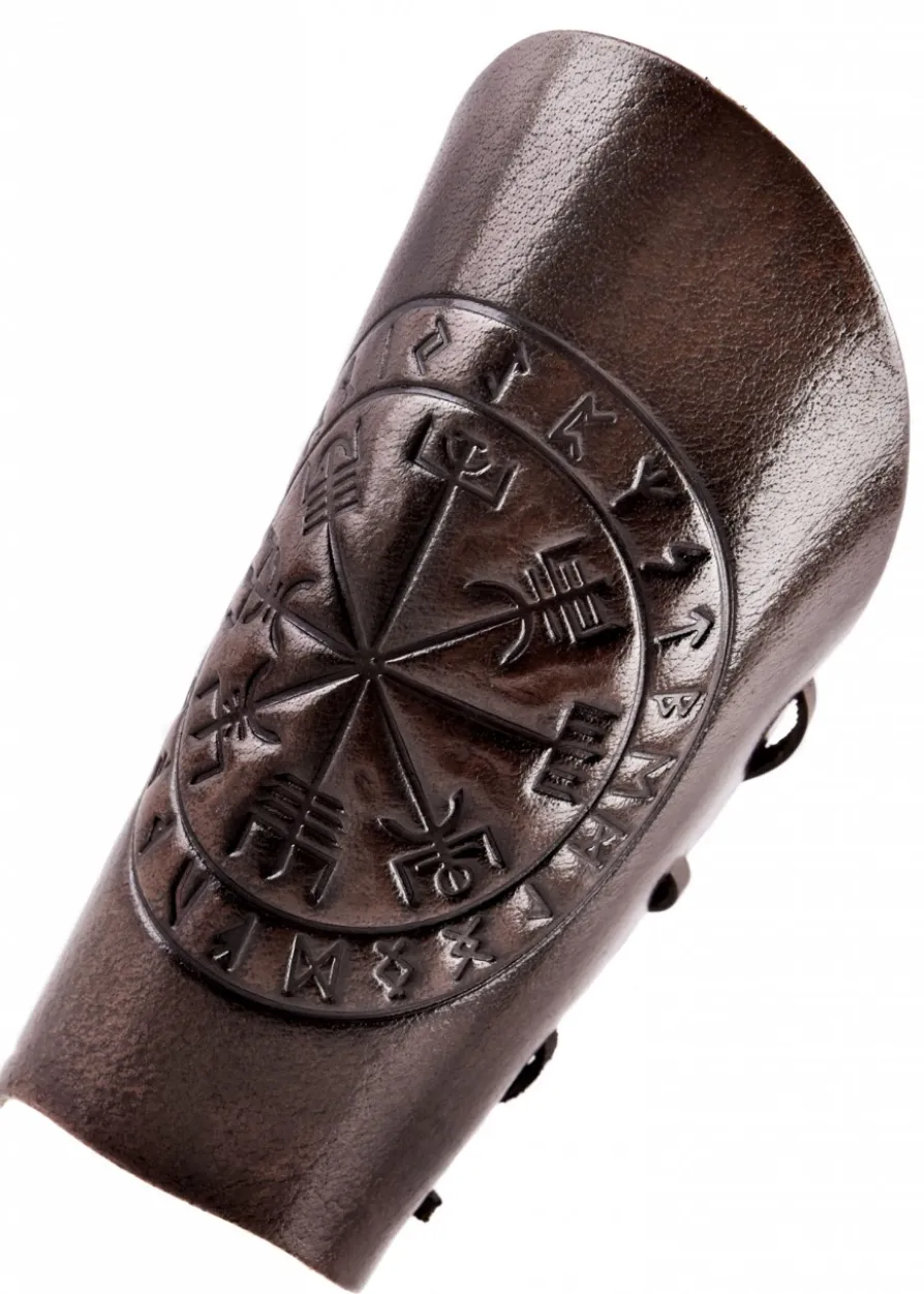 Armschützer aus Leder mit Vegvísir-Prägung, Braun