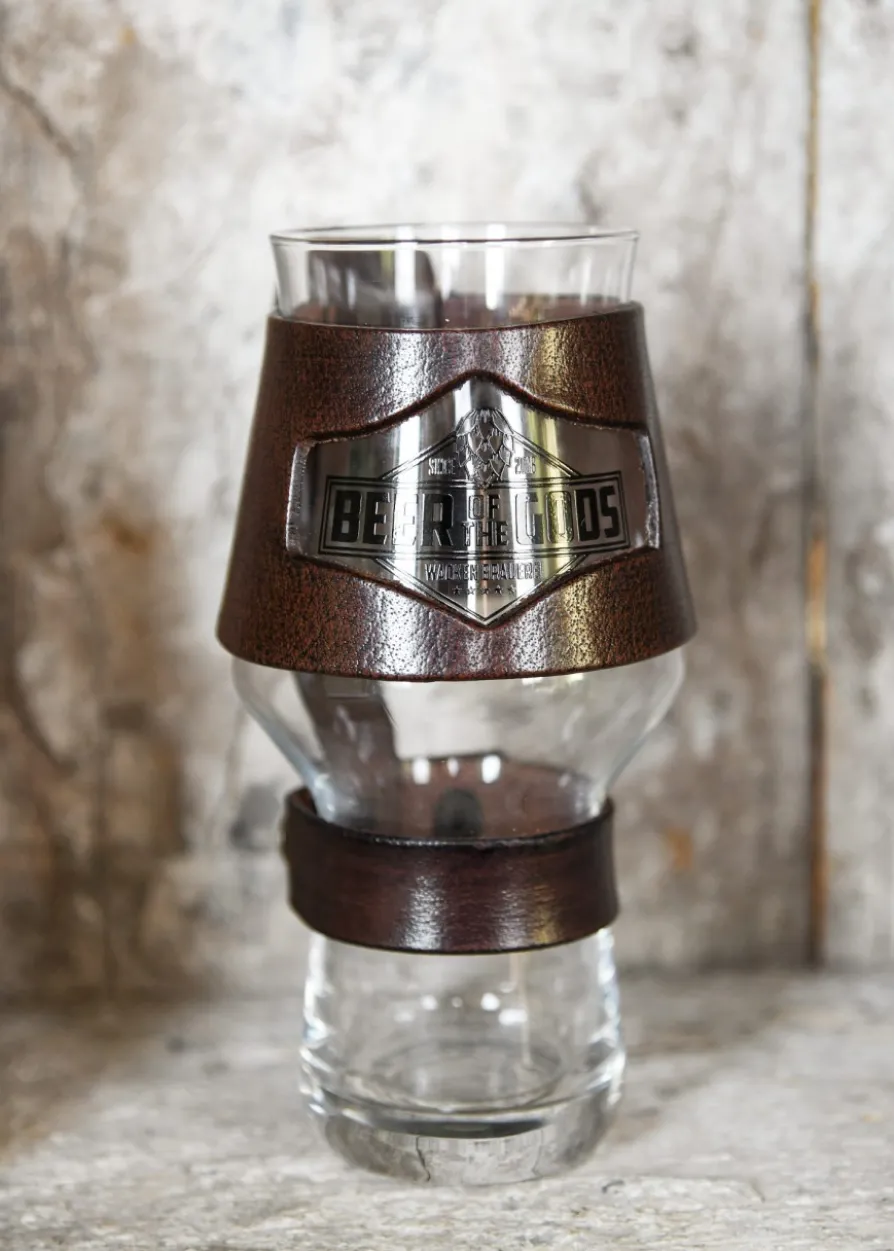 Bierglas Halterung, Manschette aus Leder, braun - Wacken Brauerei