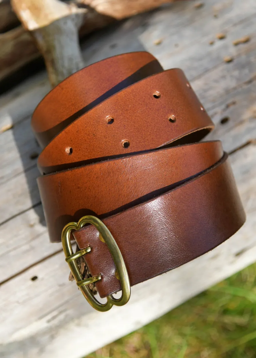 Breiter Ledergürtel mit Messingschnalle, braun, ca. 135 cm