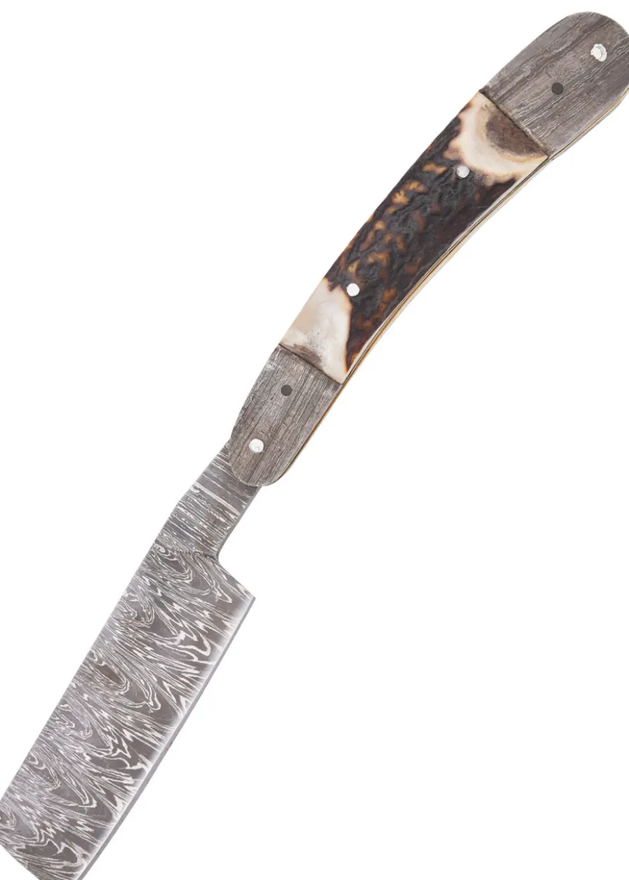 Damast-Rasiermesser mit Hirschhorngriff und Lederetui - Requisit