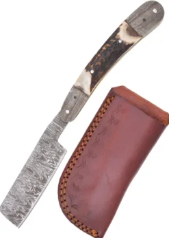 Damast-Rasiermesser mit Hirschhorngriff und Lederetui - Requisit