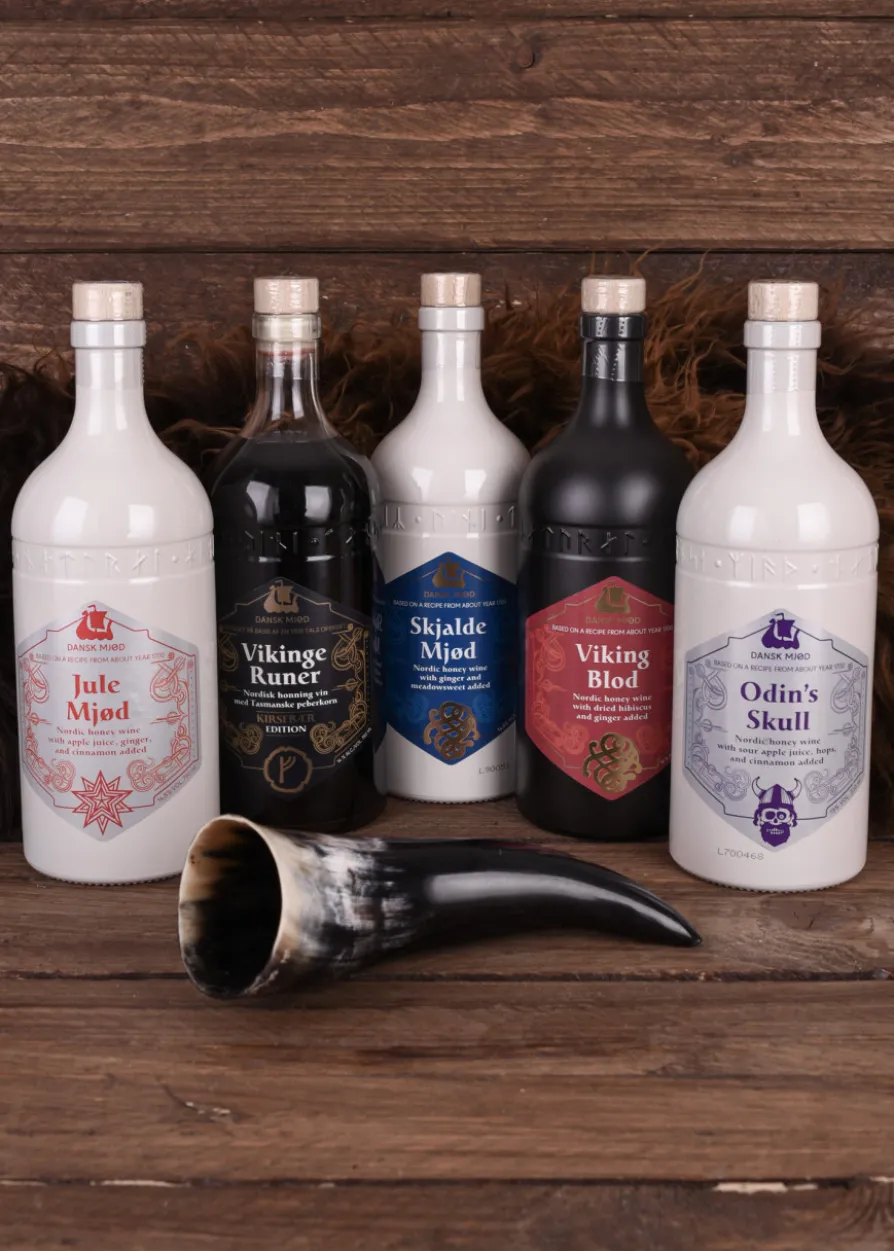 Dansk Mjød - Probierpaket 1 - 5 x 0,75l Met plus Trinkhorn 0,2l