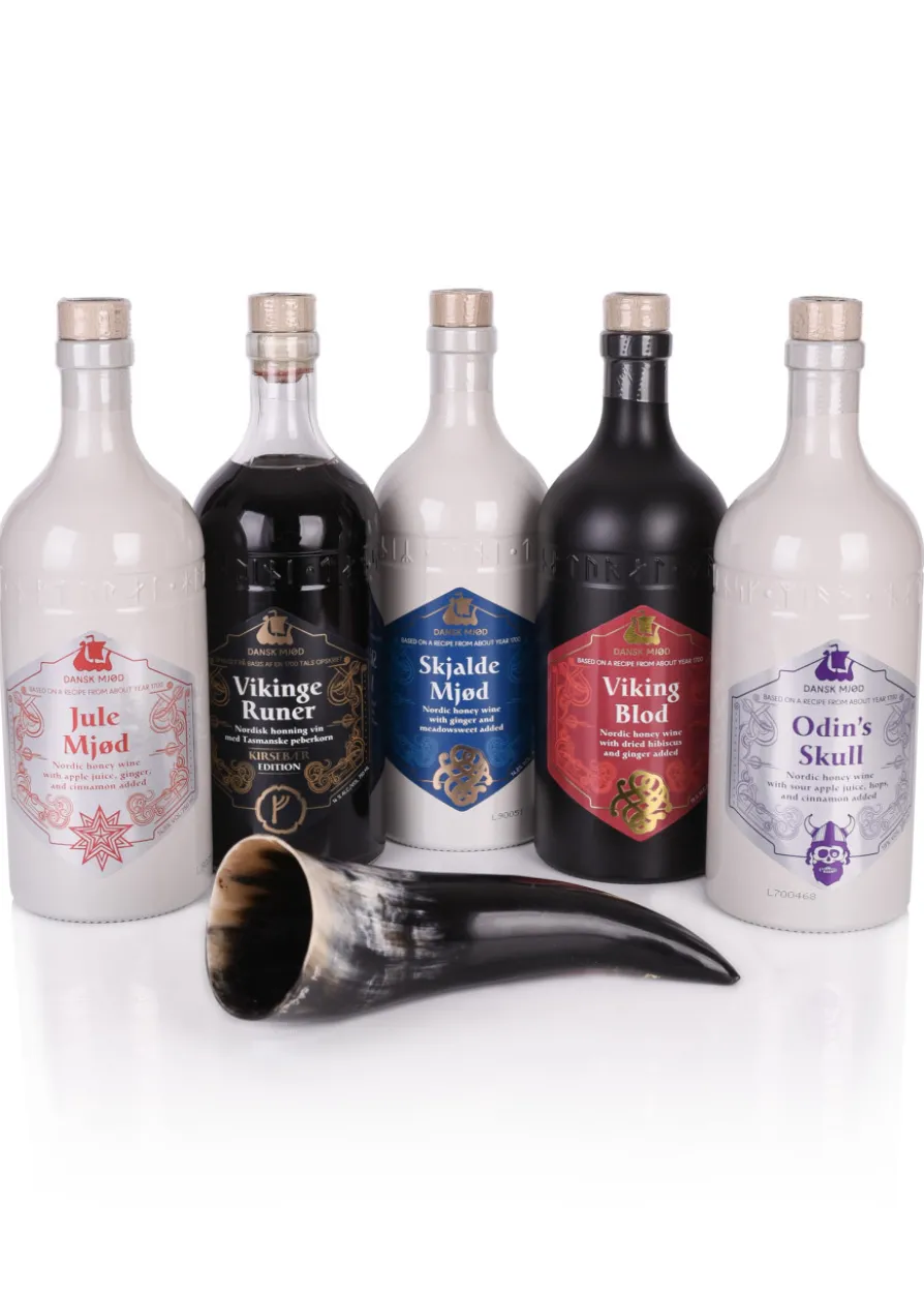 Dansk Mjød - Probierpaket 1 - 5 x 0,75l Met plus Trinkhorn 0,2l