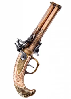 Dreiläufige Steinschloss-Pistole, Augsburg 1775, Messing, Replik
