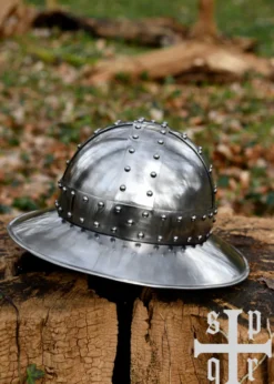 Eisenhut mit Spangen und Wangenklappen, Mittelalter-Helm, 14. Jh., 1,6 mm Stahl