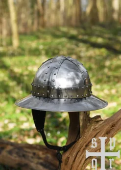 Eisenhut mit Spangen und Wangenklappen, Mittelalter-Helm, 14. Jh., 1,6 mm Stahl