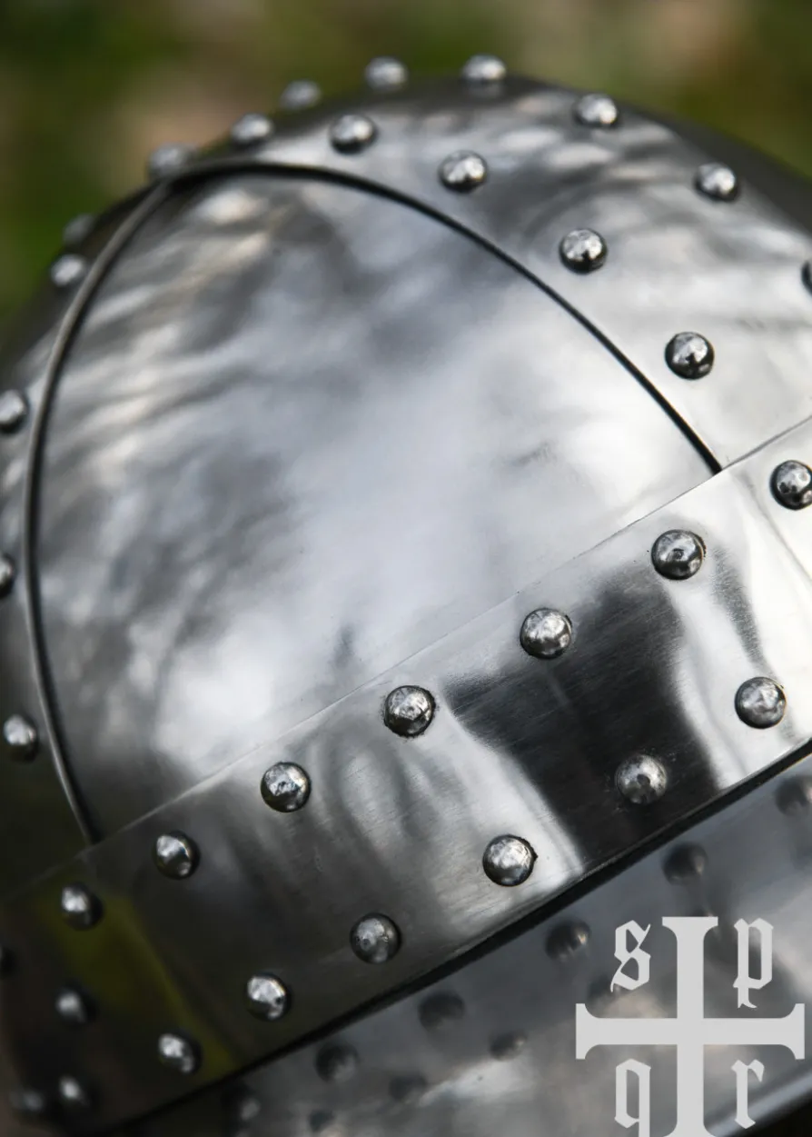 Eisenhut mit Spangen und Wangenklappen, Mittelalter-Helm, 14. Jh., 1,6 mm Stahl