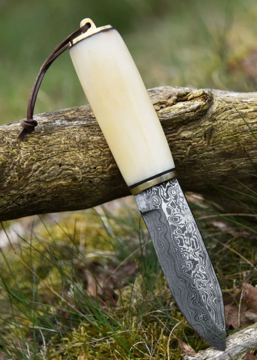 Gebrauchsmesser mit Knochengriff u. Lederscheide, Damaststahl