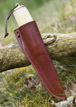 Gebrauchsmesser mit Knochengriff u. Lederscheide, Damaststahl