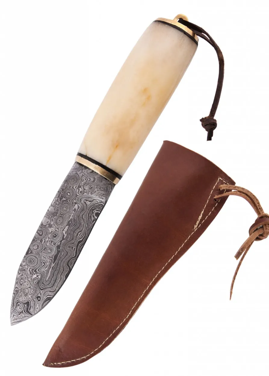 Gebrauchsmesser mit Knochengriff u. Lederscheide, Damaststahl