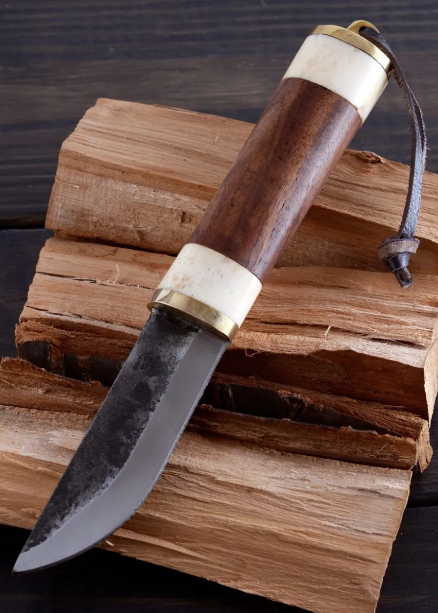 Gebrauchsmesser mit Knochen-/Holzgriff und Lederscheide