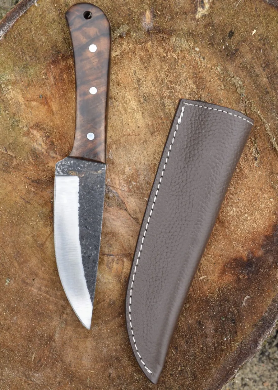 Gebrauchsmesser mit Walnussgriff und Lederscheide