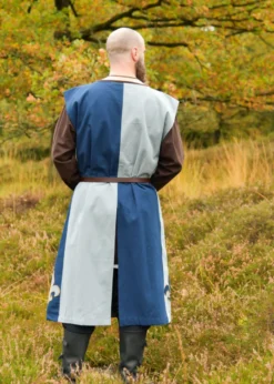 Gefütterter Mittelalter Wappenrock mit Lilie, Mi-Parti, blau - blaugrau
