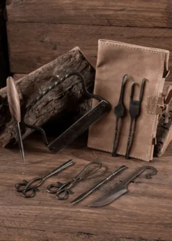Geschmiedetes Mittelalter Wundarztbesteck mit Ledertasche