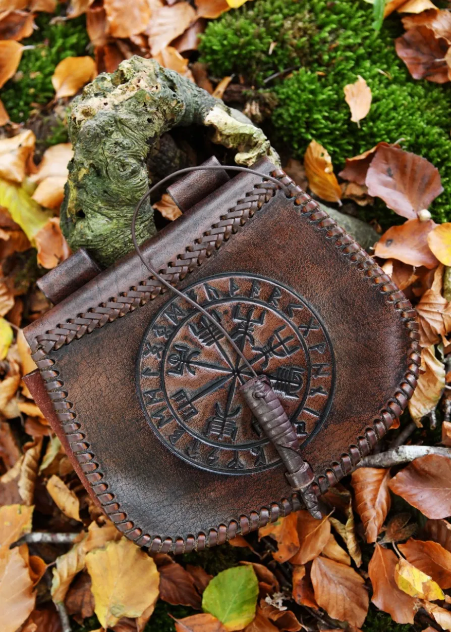 Gürteltasche aus Leder mit Vegvísir-Prägung, Braun