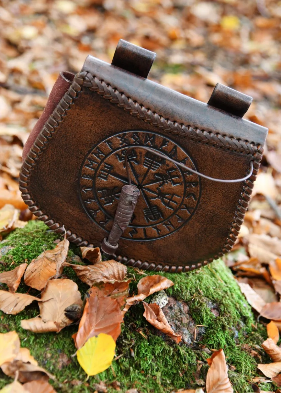 Gürteltasche aus Leder mit Vegvísir-Prägung, Braun
