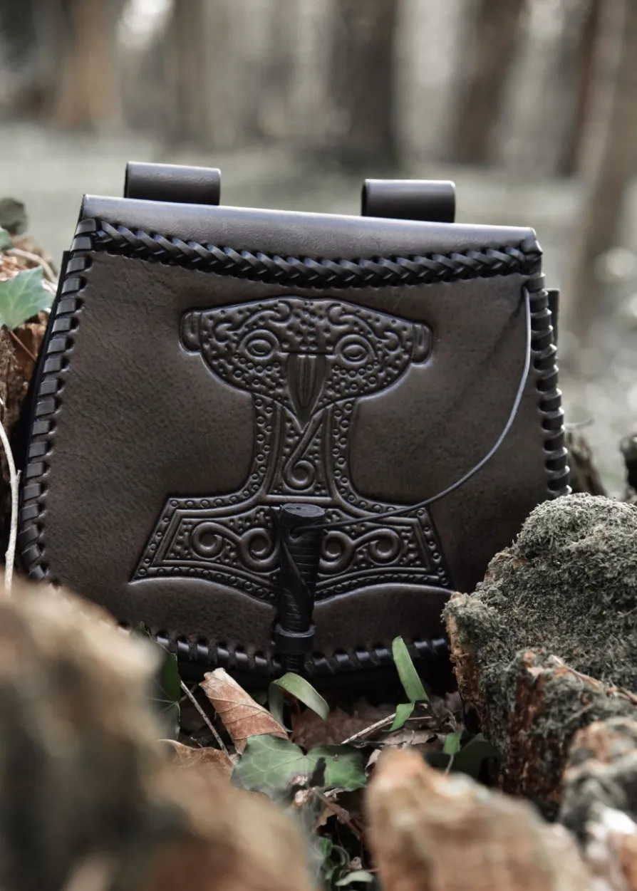 Gürteltasche mit Thorshammer-Prägung, Leder, Schwarz