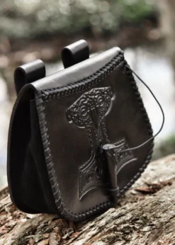 Gürteltasche mit Thorshammer-Prägung, Leder, Schwarz