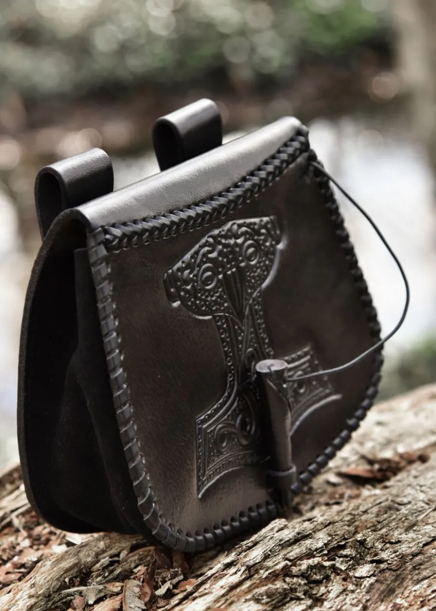 Gürteltasche mit Thorshammer-Prägung, Leder, Schwarz