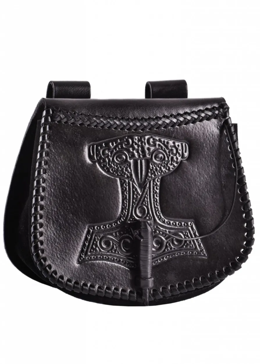 Gürteltasche mit Thorshammer-Prägung, Leder, Schwarz