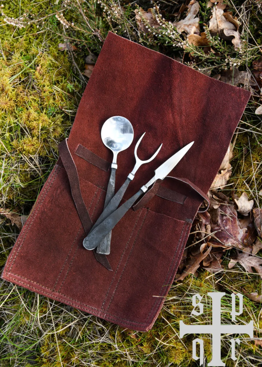Handgeschmiedetes Mittelalter-Essbesteck, 3-teilig, inkl. Ledertasche