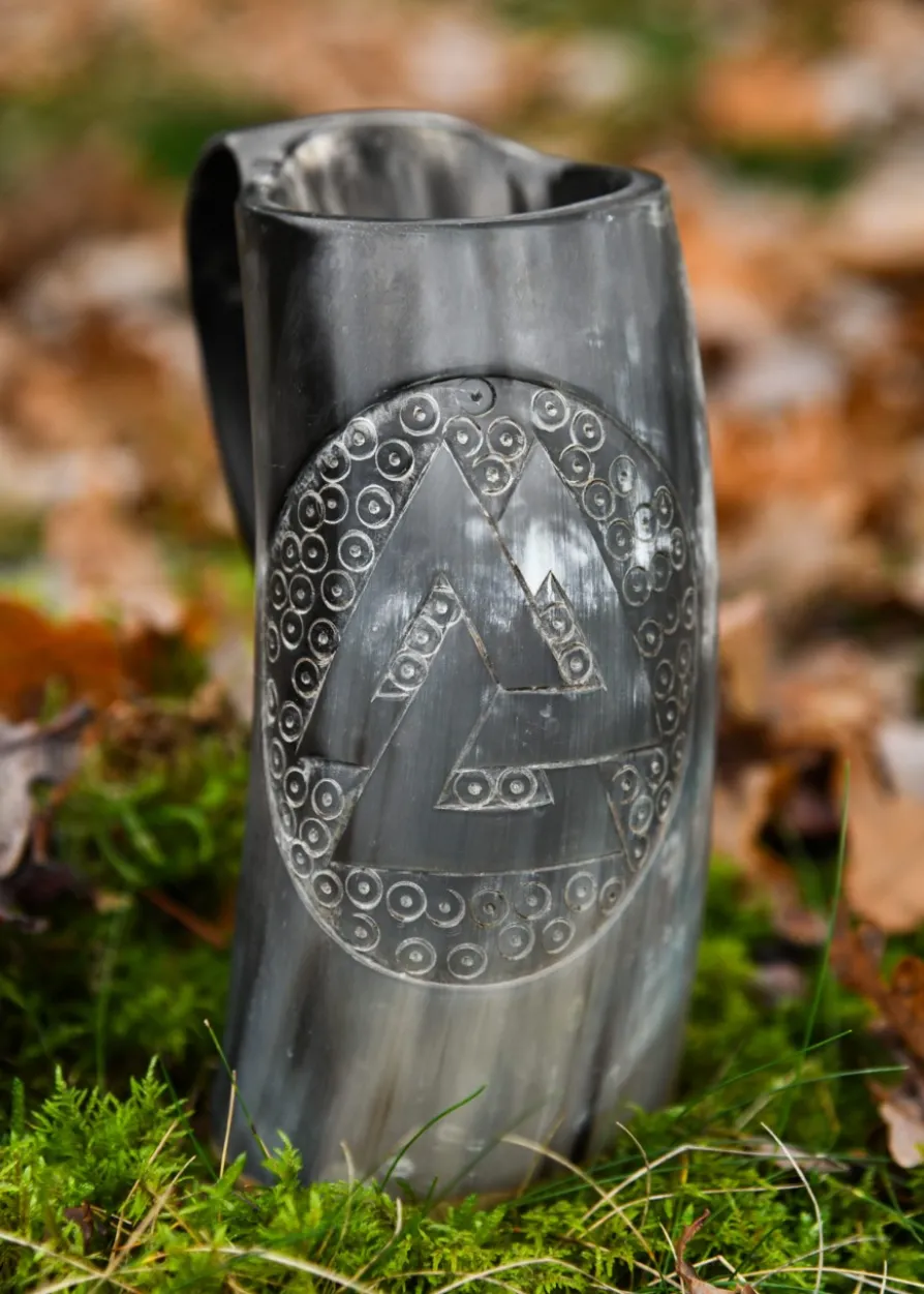 Hornbecher, Bierkrug mit Holzboden und Valknut-Motiv Nr. 2