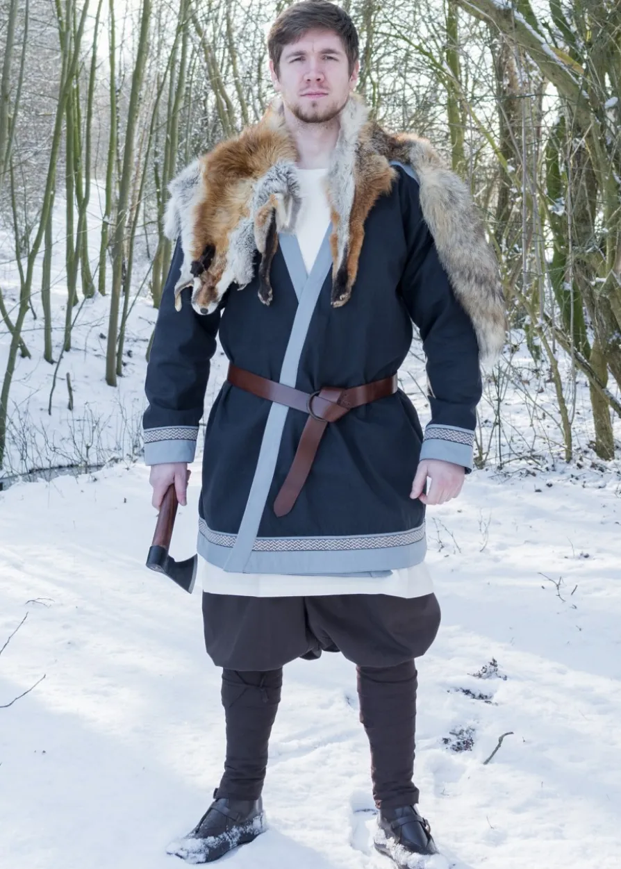 Klappenrock Bjorn, Wikinger-Mantel mit Borte, dunkelblau