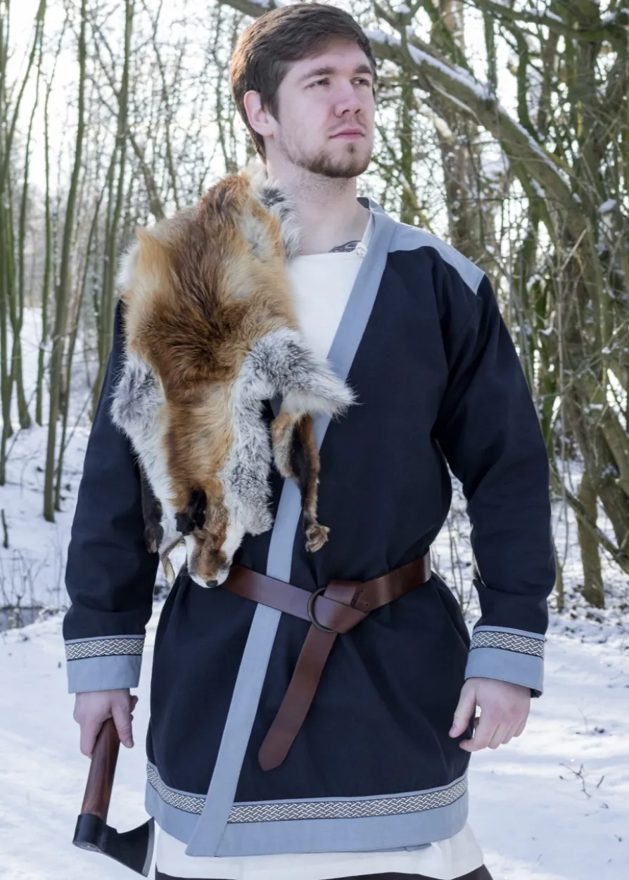 Klappenrock Bjorn, Wikinger-Mantel mit Borte, dunkelblau