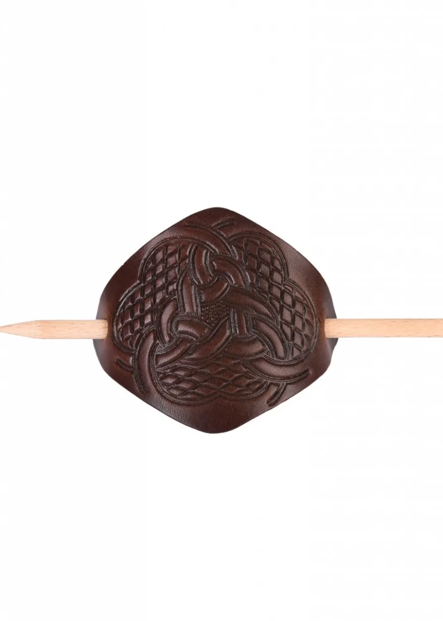 Kleine Haarspange aus Leder mit Knotenmuster & Holzstift