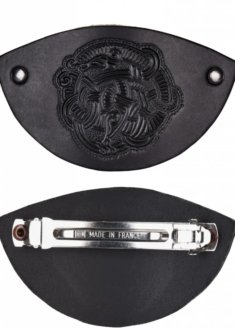 Kleine Haarspange aus Leder mit Wikinger-Motiv & Metall-Clip