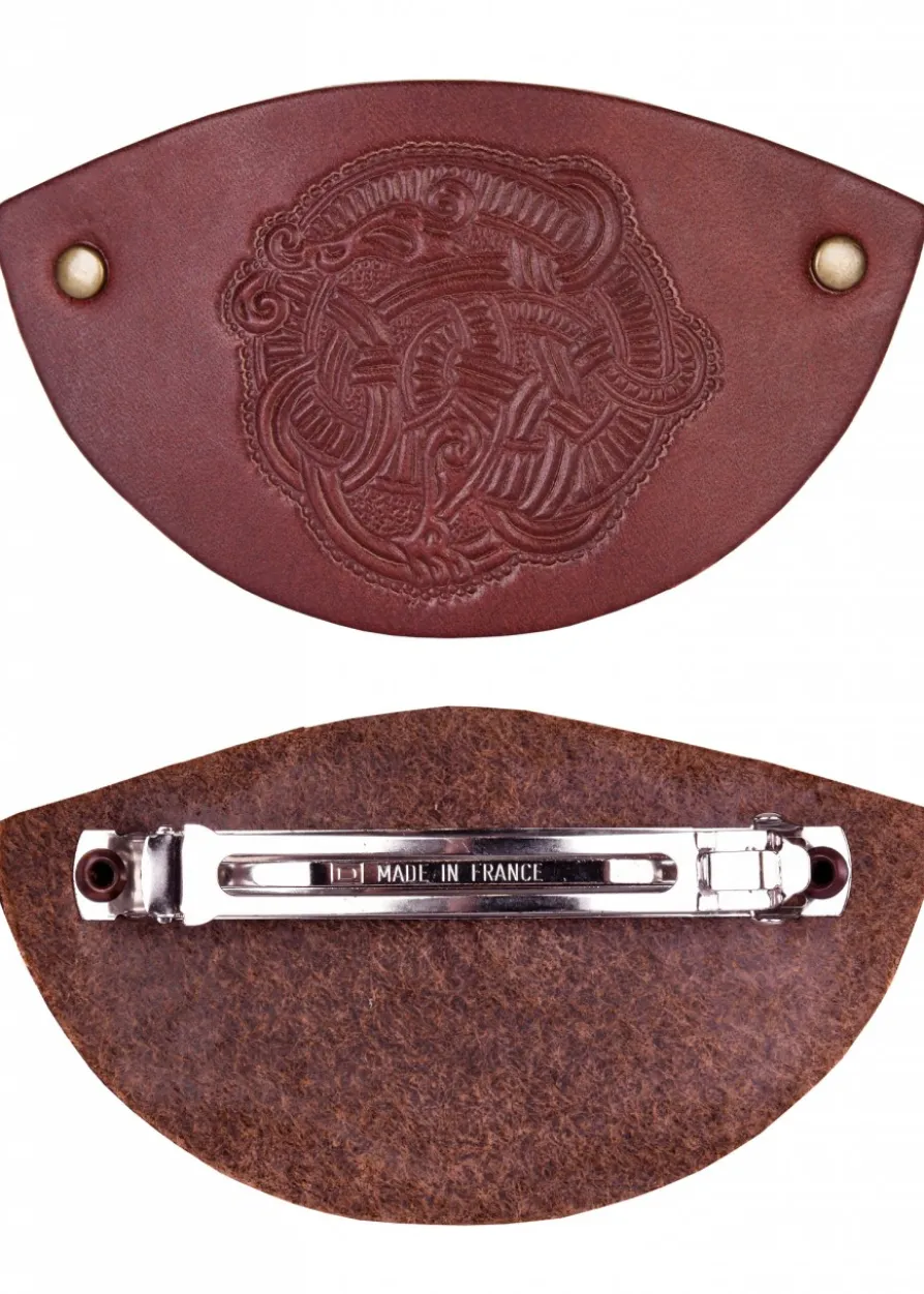 Kleine Haarspange aus Leder mit Wikinger-Motiv & Metall-Clip