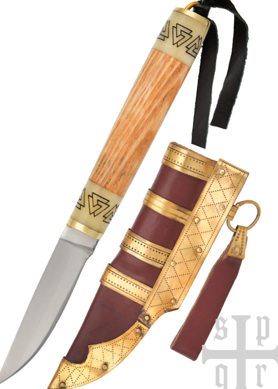 Kleines Wikinger-Messer Birka, Karbonstahl, Holz-/Knochengriff mit Valknut-Motiv