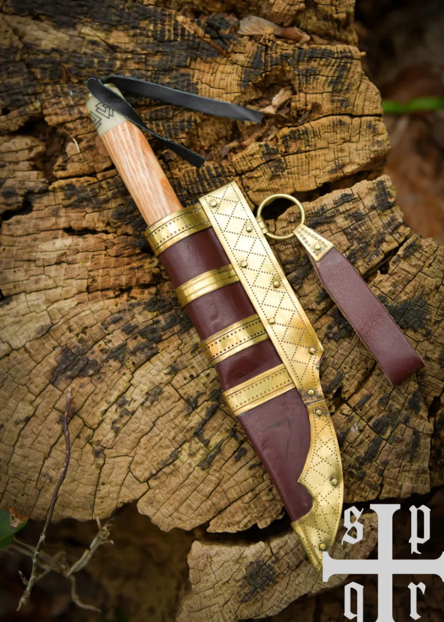 Kleines Wikinger-Messer Birka, Karbonstahl, Holz-/Knochengriff mit Valknut-Motiv