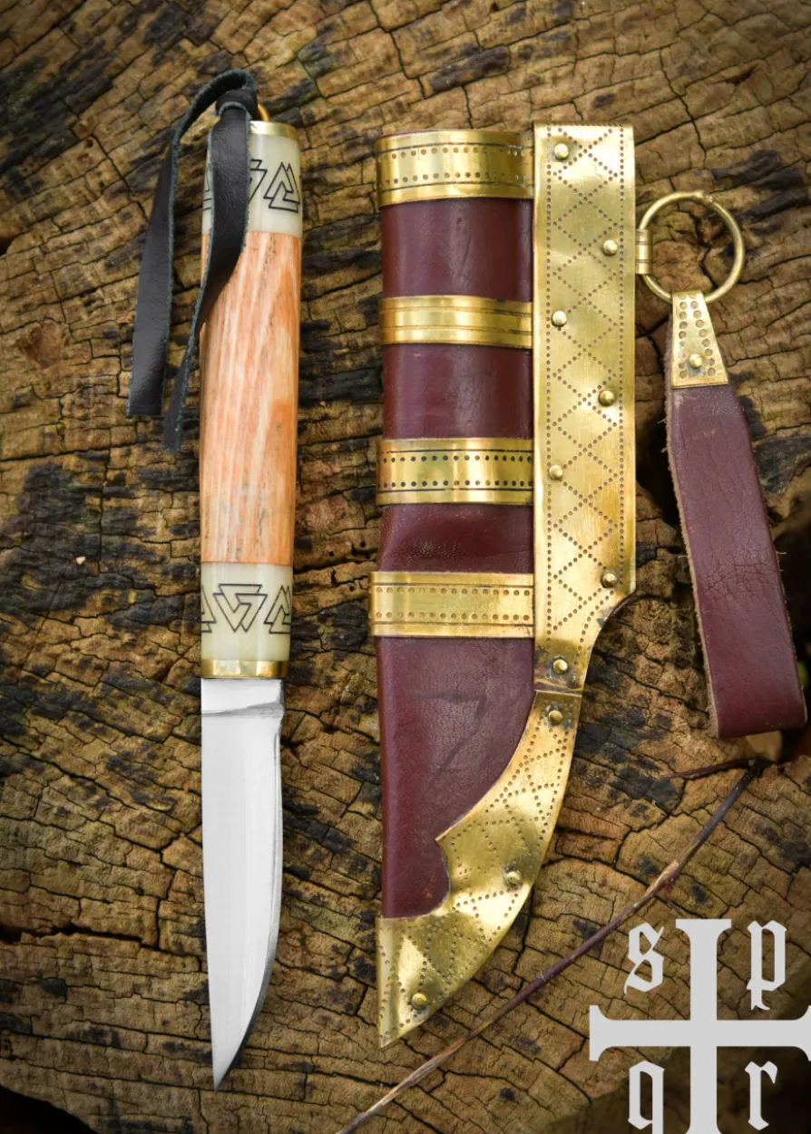 Kleines Wikinger-Messer Birka, Karbonstahl, Holz-/Knochengriff mit Valknut-Motiv