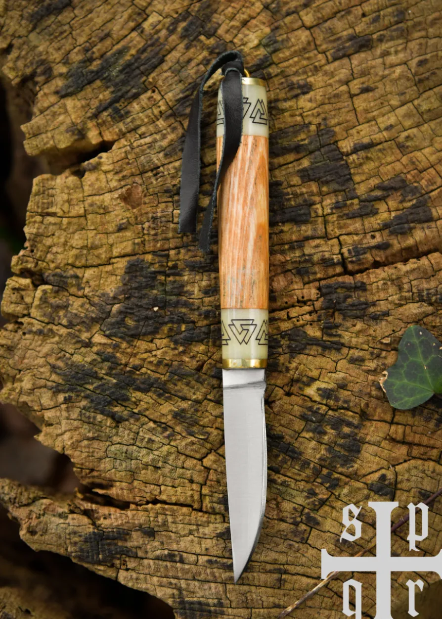 Kleines Wikinger-Messer Birka, Karbonstahl, Holz-/Knochengriff mit Valknut-Motiv