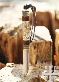 Kleines Wikinger-Messer, Karbonstahl, Holz-/Knochengriff mit Torslunda-Motiv