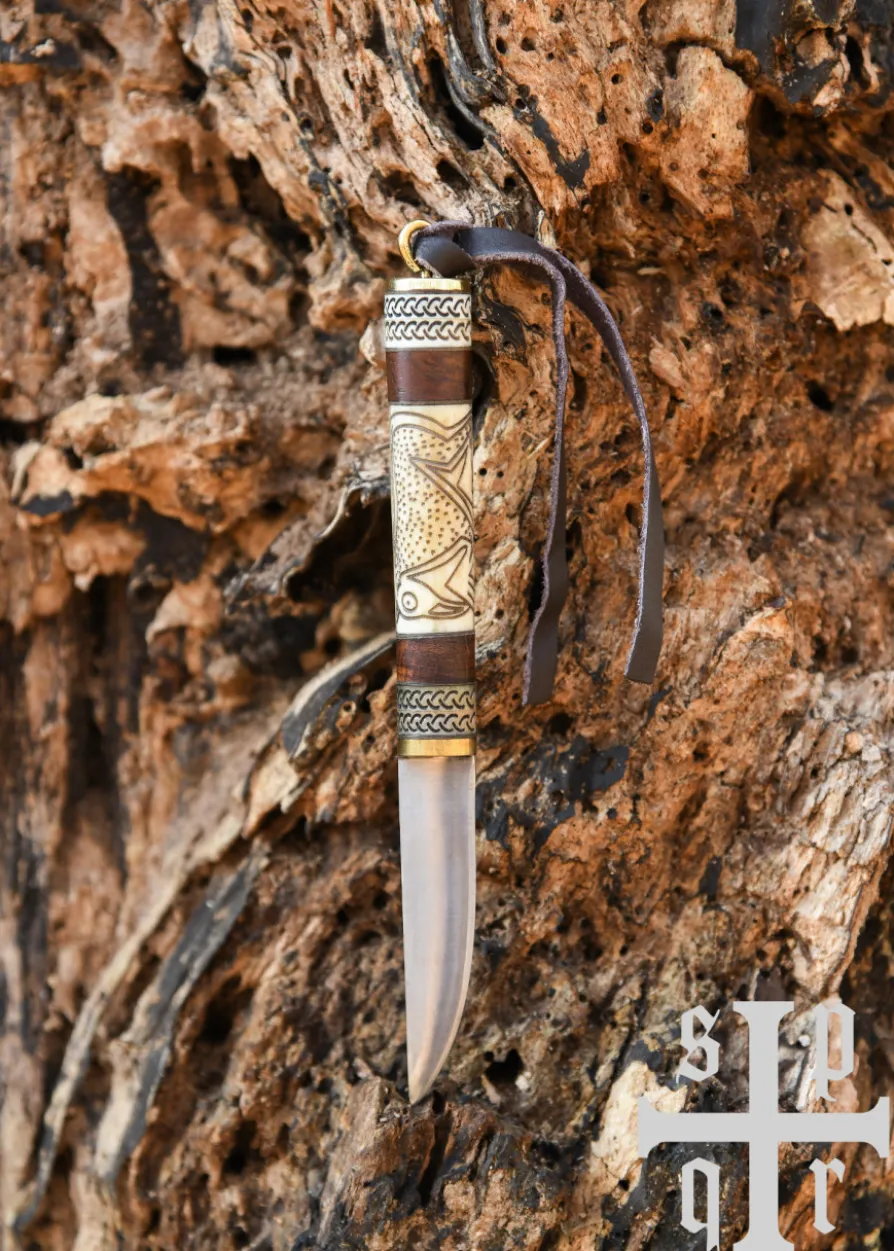 Kleines Wikinger-Messer, Karbonstahl, Holz-/Knochengriff mit Torslunda-Motiv