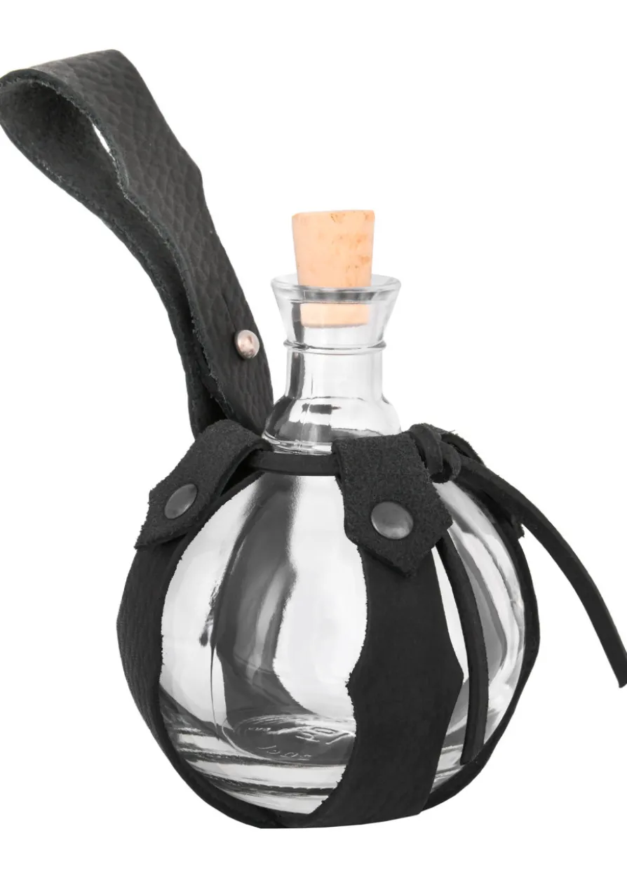 Kugel-Feldflasche aus Glas mit Gürtelhalter aus Leder