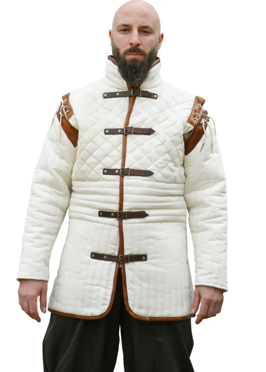 Langer Gambeson mit abnehmbaren Ärmeln und Leder, natur-braun
