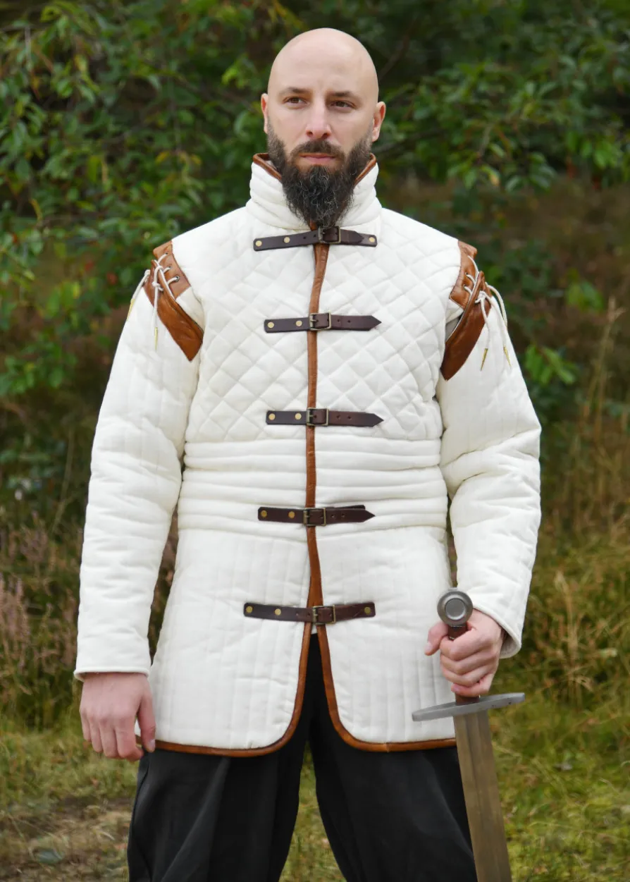 Langer Gambeson mit abnehmbaren Ärmeln und Leder, natur-braun