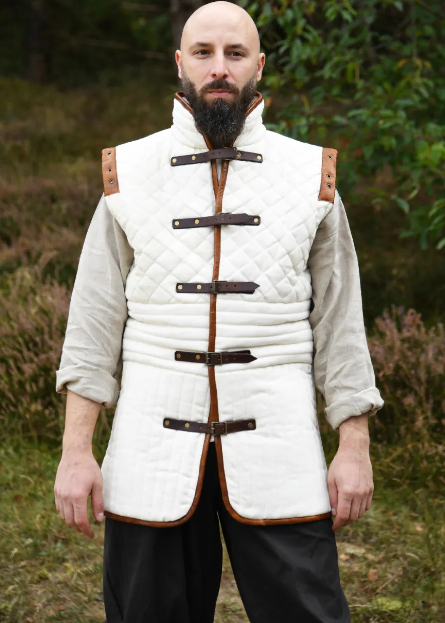 Langer Gambeson mit abnehmbaren Ärmeln und Leder, natur-braun