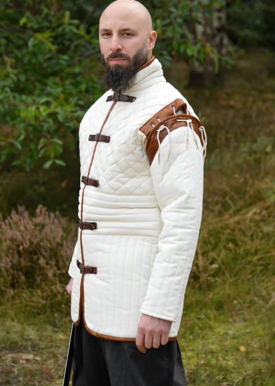 Langer Gambeson mit abnehmbaren Ärmeln und Leder, natur-braun