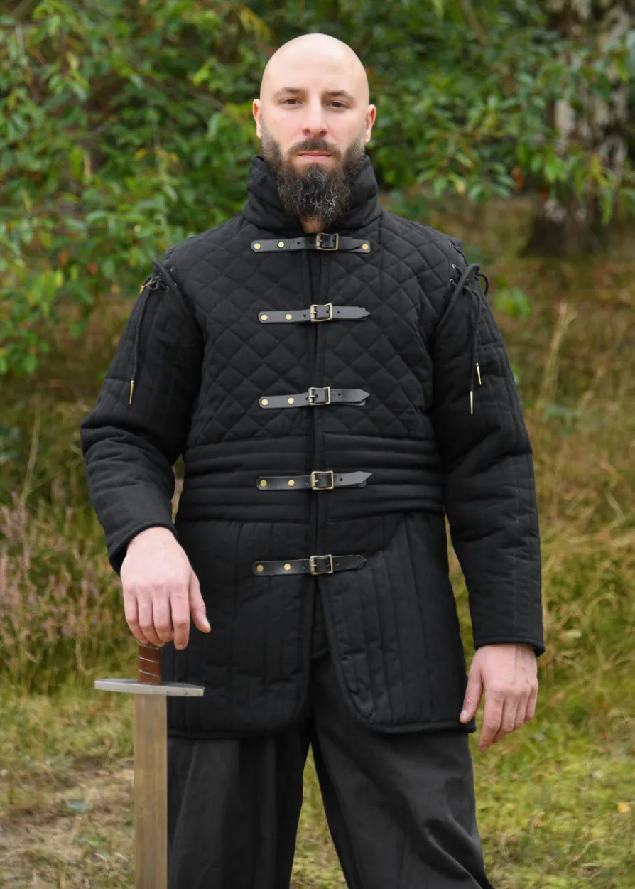 Langer Gambeson mit Schnallen und abnehmbaren Ärmeln, schwarz