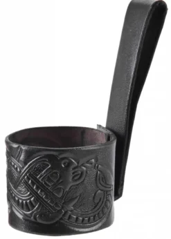 Leder Hornhalter für Trinkhorn, geprägter Drache, Jelling-Stil, schwarz