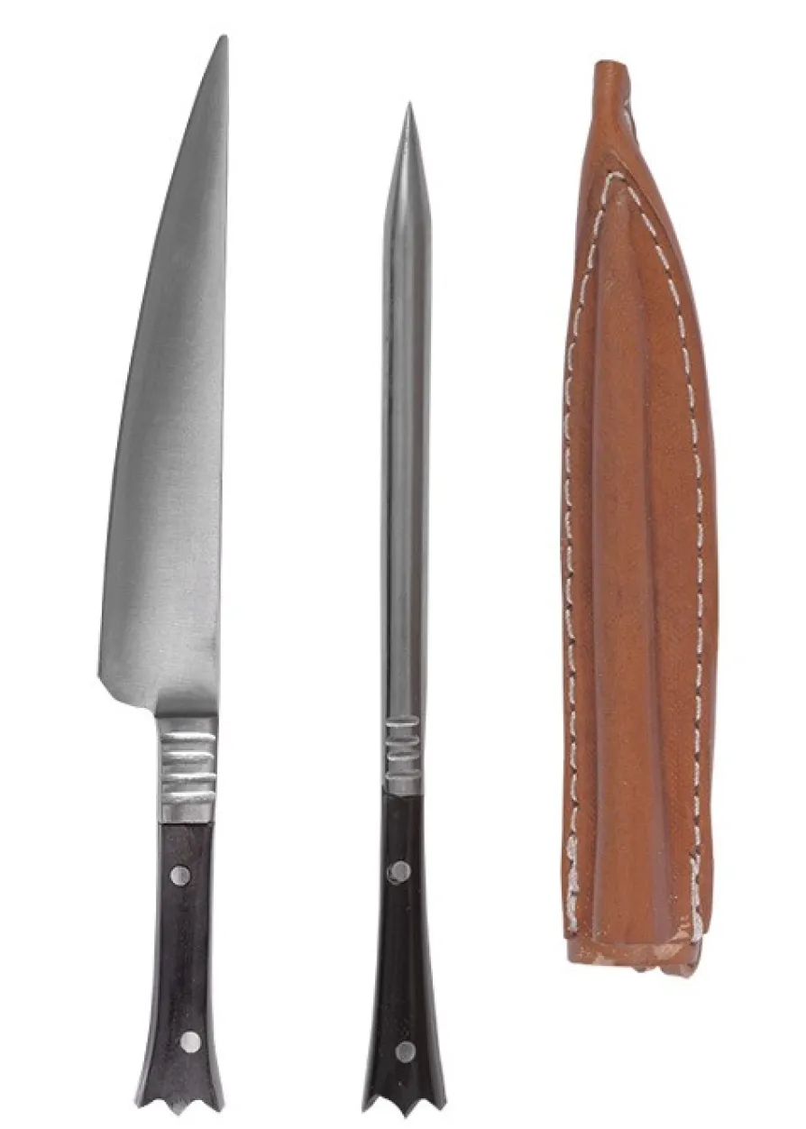Mittelalter Essbesteck aus Edelstahl inkl. Lederetui, ca. 14 cm