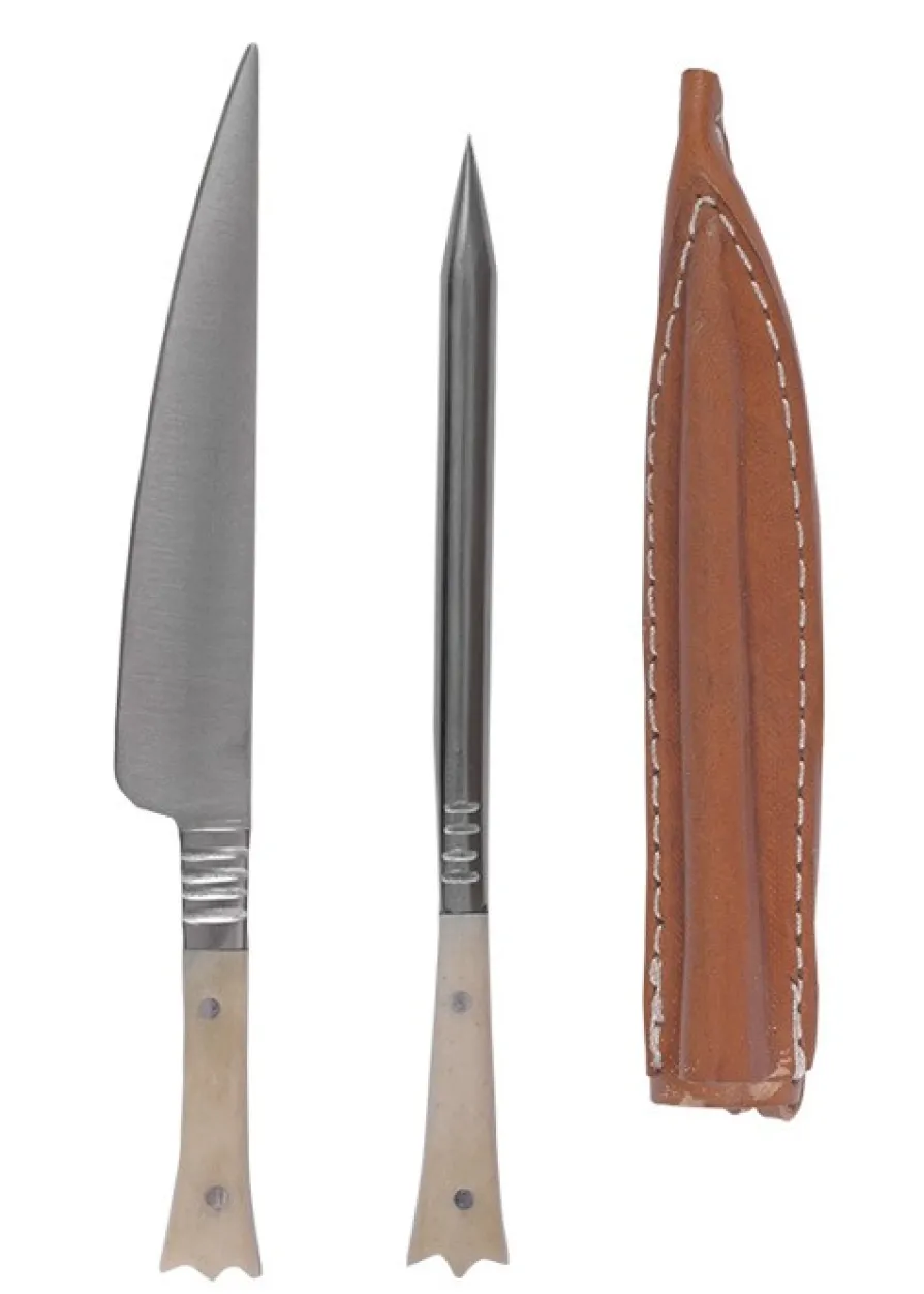 Mittelalter Essbesteck aus Edelstahl inkl. Lederetui, ca. 14 cm