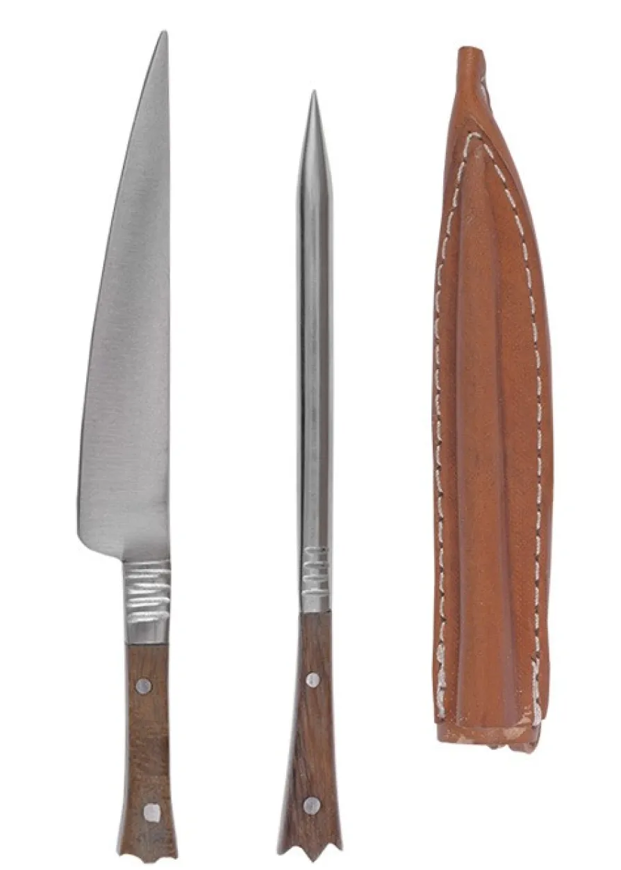Mittelalter Essbesteck aus Edelstahl inkl. Lederetui, ca. 14 cm