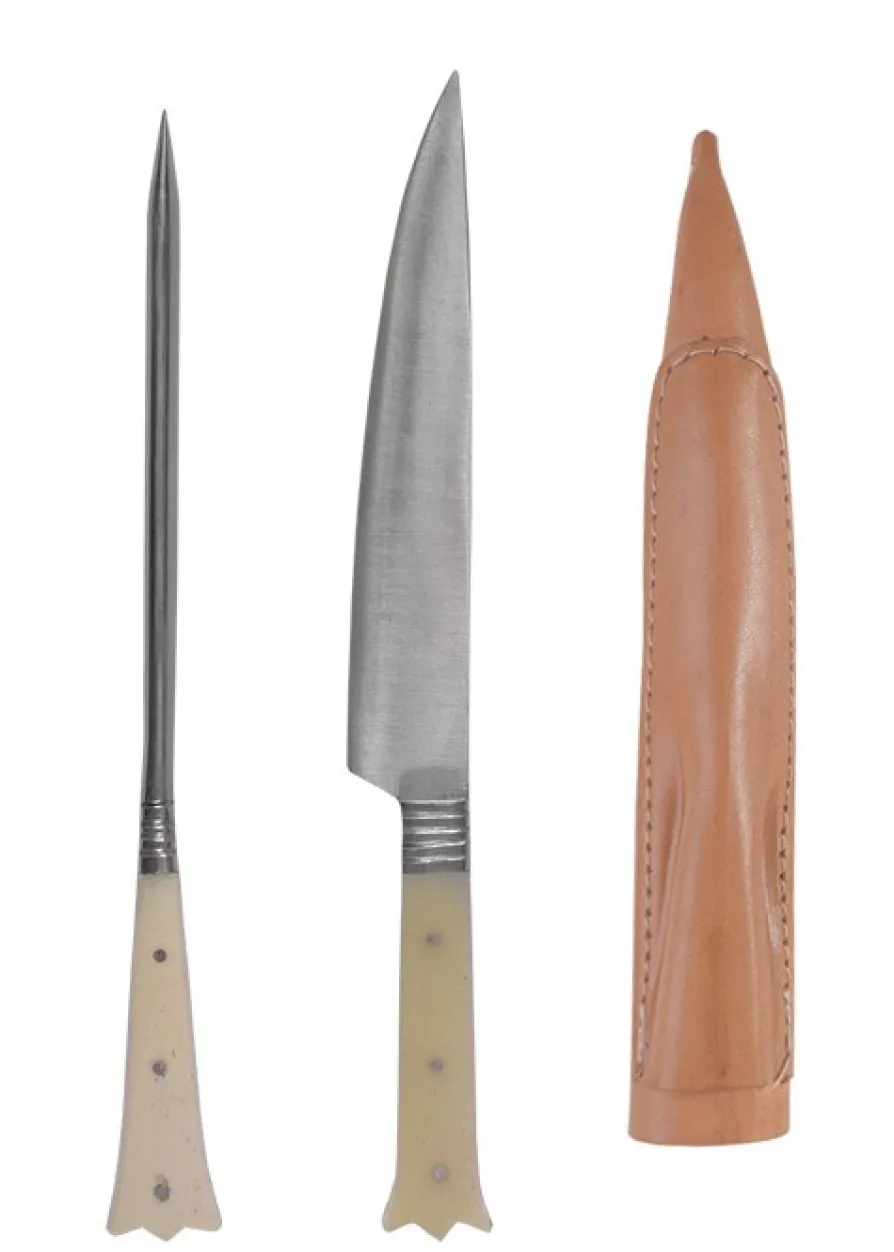 Mittelalter Essbesteck aus Edelstahl inkl. Lederetui, ca. 24 cm